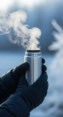 Person wearing warm gloves holding a steaming metal thermos during a chilly outdoor winter adventure