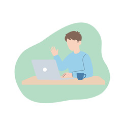 Smiling Man Waving Hand during Video Call on Laptop, Online Communication and Remote Meeting Flat Illustration