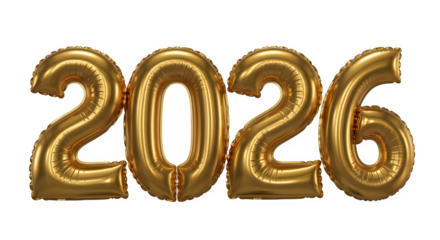 Golden 2026 number balloons isolated on transparent background
