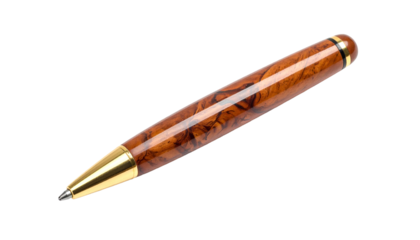 A close-up shot of a writing instrument with a polished brown wood body and gold accents
