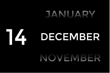 December 14 calendar with black background. A minimalist calendar template with well-structured date boxes and a sleek layout. This image is ideal for illustrating concepts such as time planning