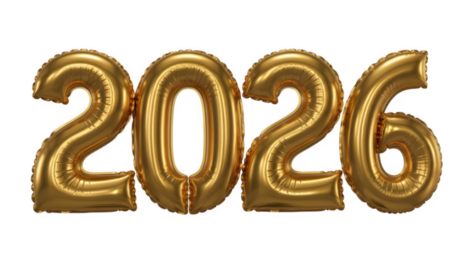 Golden 2026 number balloons isolated on transparent background