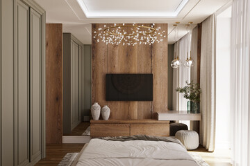 3D model of a bedroom in a modern classic style in green colors