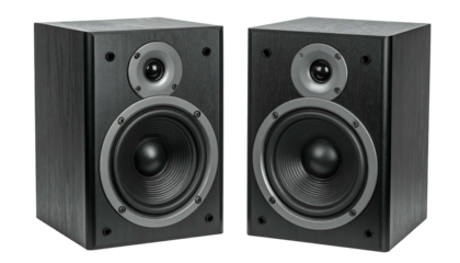 Pair of black wooden loudspeakers facing forward on a transparent background, side by side