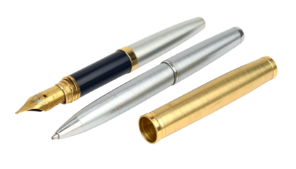 Three writing instruments, one fountain and two ballpoint, metal bodies, parts separated on black