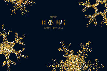 Black Christmas background with gold snowflakes. Modern holiday banner with a festive ornament. Christmas greeting card. Vector illustration