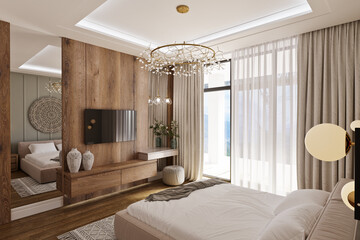 3D model of a bedroom in a modern classic style in green colors