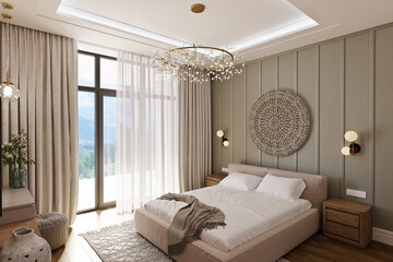 3D model of a bedroom in a modern classic style in green colors