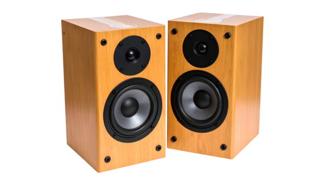 Pair of wooden rectangular audio devices, featuring dark speakers and simple, modern design