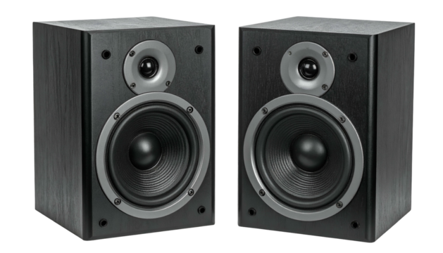 Pair of black wooden loudspeakers facing forward on a transparent background, side by side