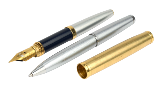 Three writing instruments, one fountain and two ballpoint, metal bodies, parts separated on black