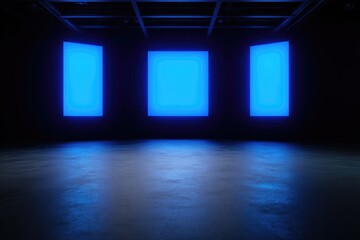 Illuminated space features three glowing blue screens, creating