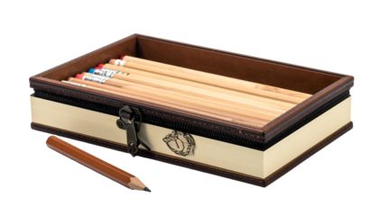 A leather and wood pencil case, open, showing pencils inside and one lying outside