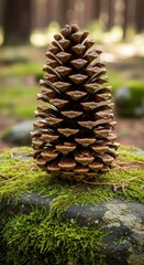 Textured pine cone resting on a vibrant green mossy rock in its natural forest environment
