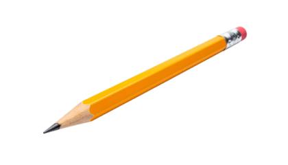 Close-up of a sharpened yellow writing tool with a pink eraser, isolated on black