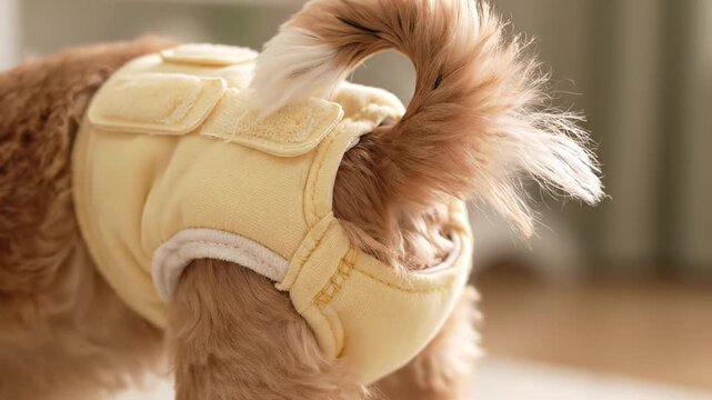 Macro shot of a tiny, fluffy pup's backside, clad in bright yellow washable diaper shorts, cheerfully wagging its curly tail inside a home