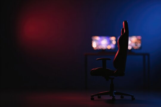 Sleek gaming chair in front of dual monitors illuminated by vibr
