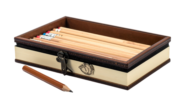 A leather and wood pencil case, open, showing pencils inside and one lying outside