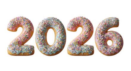 Donut numbers spelling 2026 isolated on transparent background