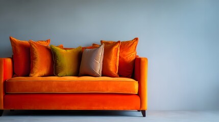 Vibrant orange upholstered seating arrangement rests against a muted cool toned wall space