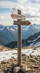 Wooden signpost with red arrows pointing towards challenging mountain summit and peak in snowy terrain