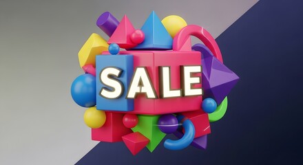 Colorful 3d sale sign with abstract shapes for advertising and marketing campaigns