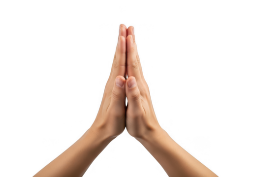 Hands pressed together in a prayer or namaste gesture, conveying spirituality, peace, gratitude, respect, and mindfulness