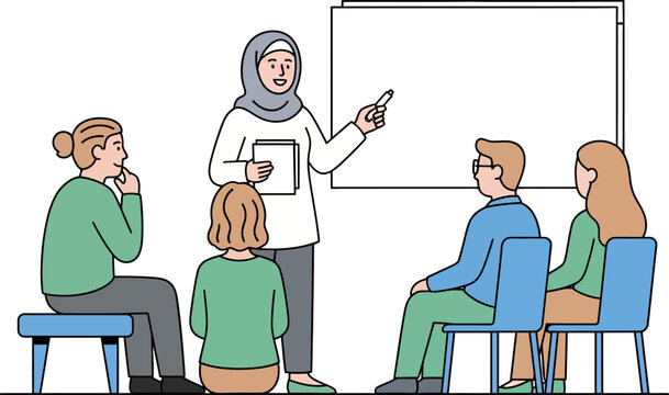 diverse group of people attending a virtual classroom or workshop in a professional setting with a presenter and a whiteboard on a transparent