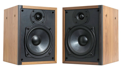 Fototapeta premium Two wooden-cased speakers, each featuring a large woofer and tweeter, isolated on white