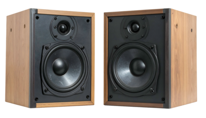 Two wooden-cased speakers, each featuring a large woofer and tweeter, isolated on white