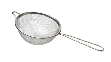 Metal kitchen sieve with fine mesh and handle on White background
