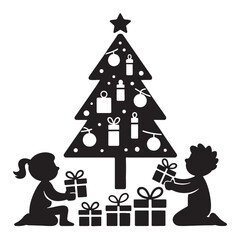 Children decorating a Christmas tree with gifts a simple black and white vector illustration for holiday cards and seasonal designs isolated on white