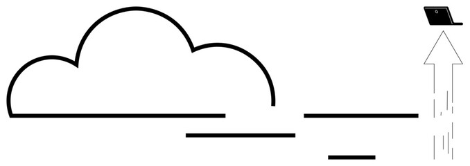 Cloud outline with data lines and laptop launching upward. Ideal for communication, technology, data storage, cloud computing, innovation, networking, efficiency. Simple flat metaphor