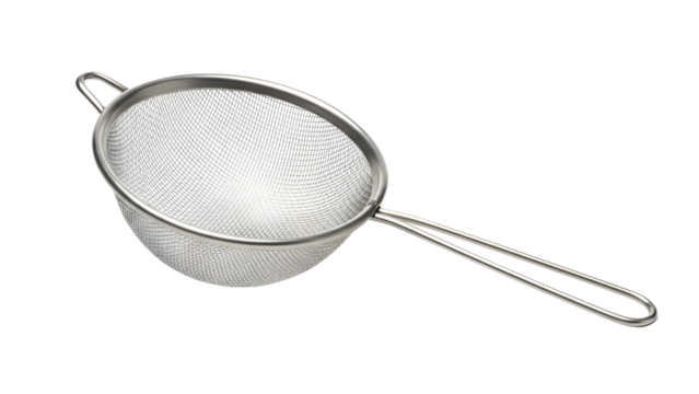Metal kitchen sieve with fine mesh and handle on White background