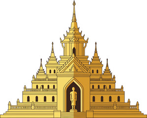 Intricate golden temple with multiple spires and a serene statue at the entrance on a black background for spiritual and cultural depiction