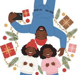 Joyful diverse children celebrating Christmas with gifts and festive decorations with a minimal transparent background emphasizing holiday cheer and