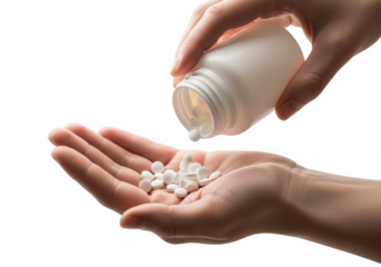 Person's hands pouring white circular pills from a prescription bottle into their open palm for treatment.