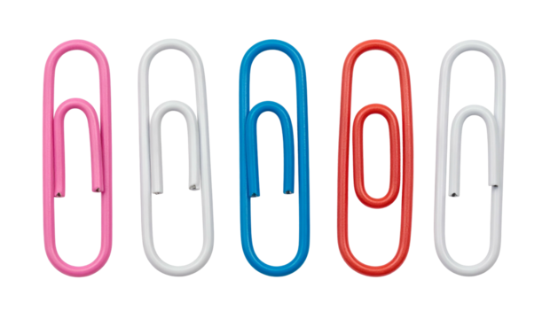 Five assorted colorful binder clips on a stark black background, tightly spaced