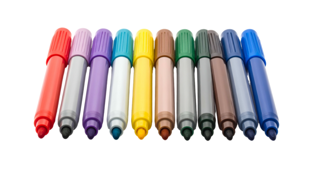 Close-up of a row of colorful markers with various shades laid out against black