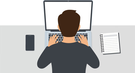 Minimalist Illustration of a Person Working on a Laptop with a Notebook and Smartphone in a Modern Workspace Scene with a Transparent Background