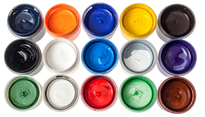 Overhead shot displays opened paint jars, each filled with a different bold color, arranged in rows