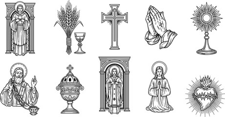 Christian religious icon set illustration, sacred symbols and figures, prayer devotion elements, Catholic worship items and saints, flat vector