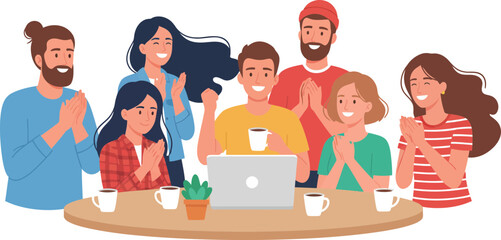 People Celebrating Joyful Moment Gathering Around Laptop with Warmth and Happiness on a Bright Day