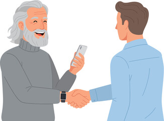 Warm handshake between an elderly man and a younger man while exchanging smiles and a mobile phone, transparent background illustrating