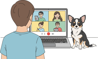 Virtual Meeting with Diverse Participants Featuring a Pet Dog on a Computer Screen on a Solid Black Background