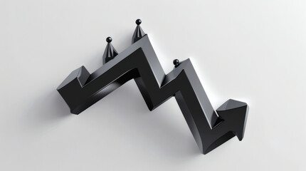 A black descending arrow chart with king chess pieces on its peaks, symbolizing economic recession, financial crisis, and strategic leadership failure
