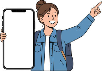 Young girl with backpack taking a selfie with oversized smartphone against a black background emphasizing vibrant colors and cheerful expression