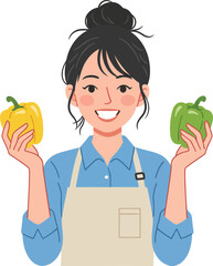 Woman smiling holding yellow and green bell peppers vibrant healthy cooking fresh produce transparent background