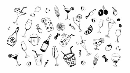 Hand drawn collection of cocktails drinks and party elements