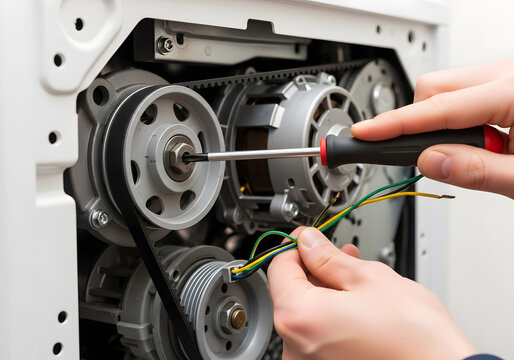 Appliance technician repairing washing machine motor pulley system | Hands fixing broken dryer drive belt mechanism with screwdriver | Close-up electrical wiring connection on home appliance repair |
